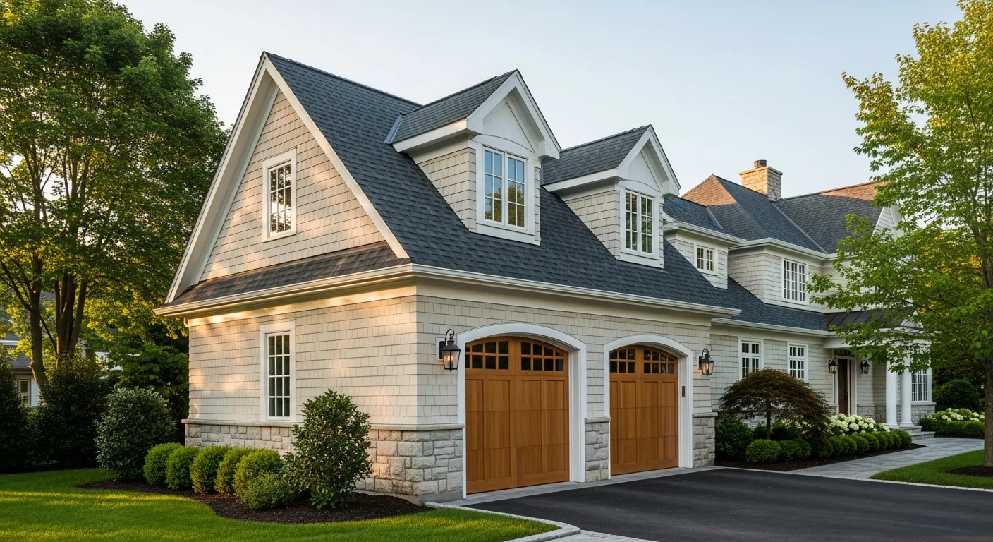A Charming, Detached Two-car Garage Designed as a Seamless Extension of a Sophisticated Main House