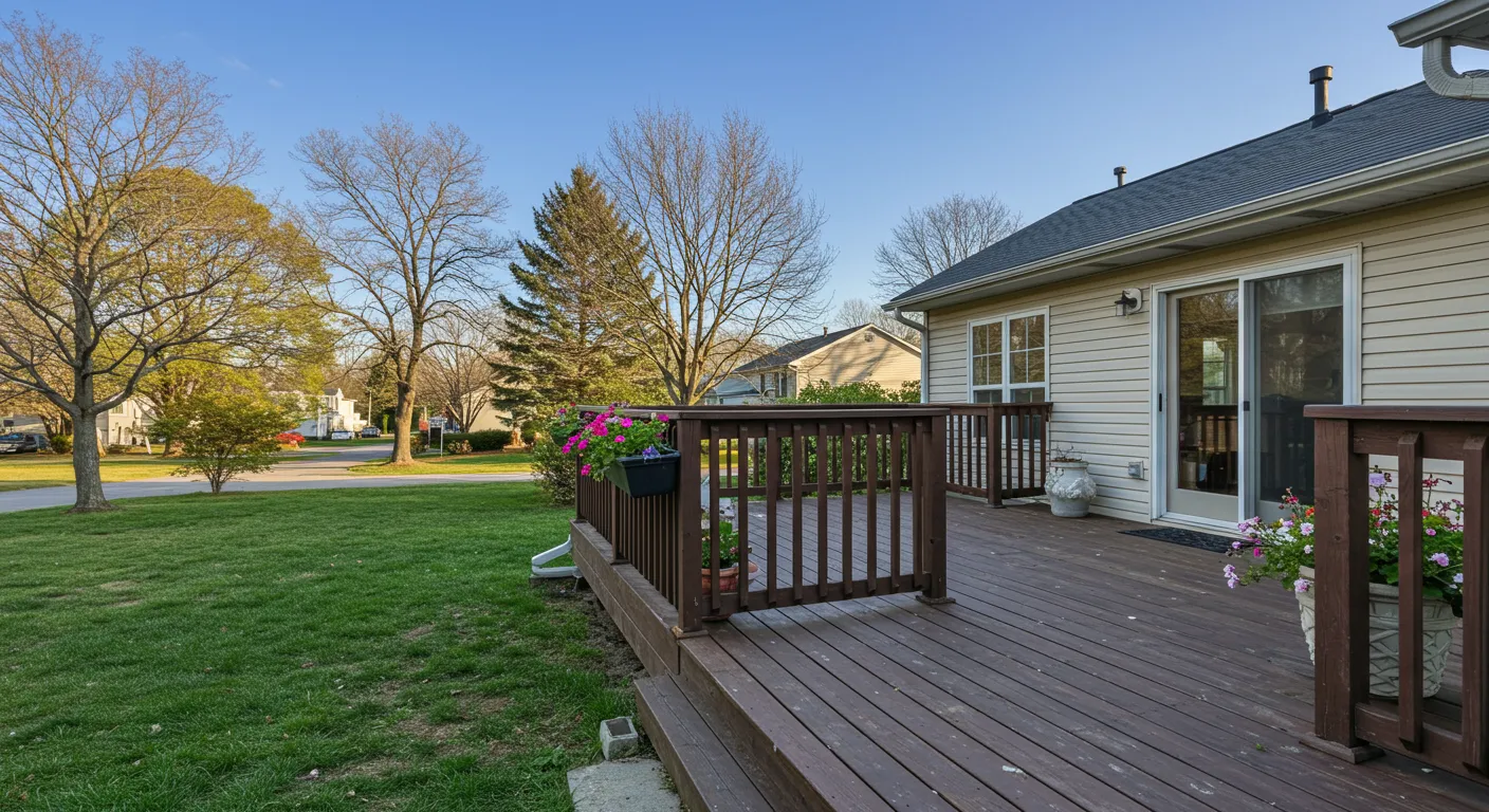 A Charming Front Deck Made of Dark Stained Wood Attached to a Suburban Home A Charming Front Deck Made of Dark Stained Wood Attached to a Suburban Home