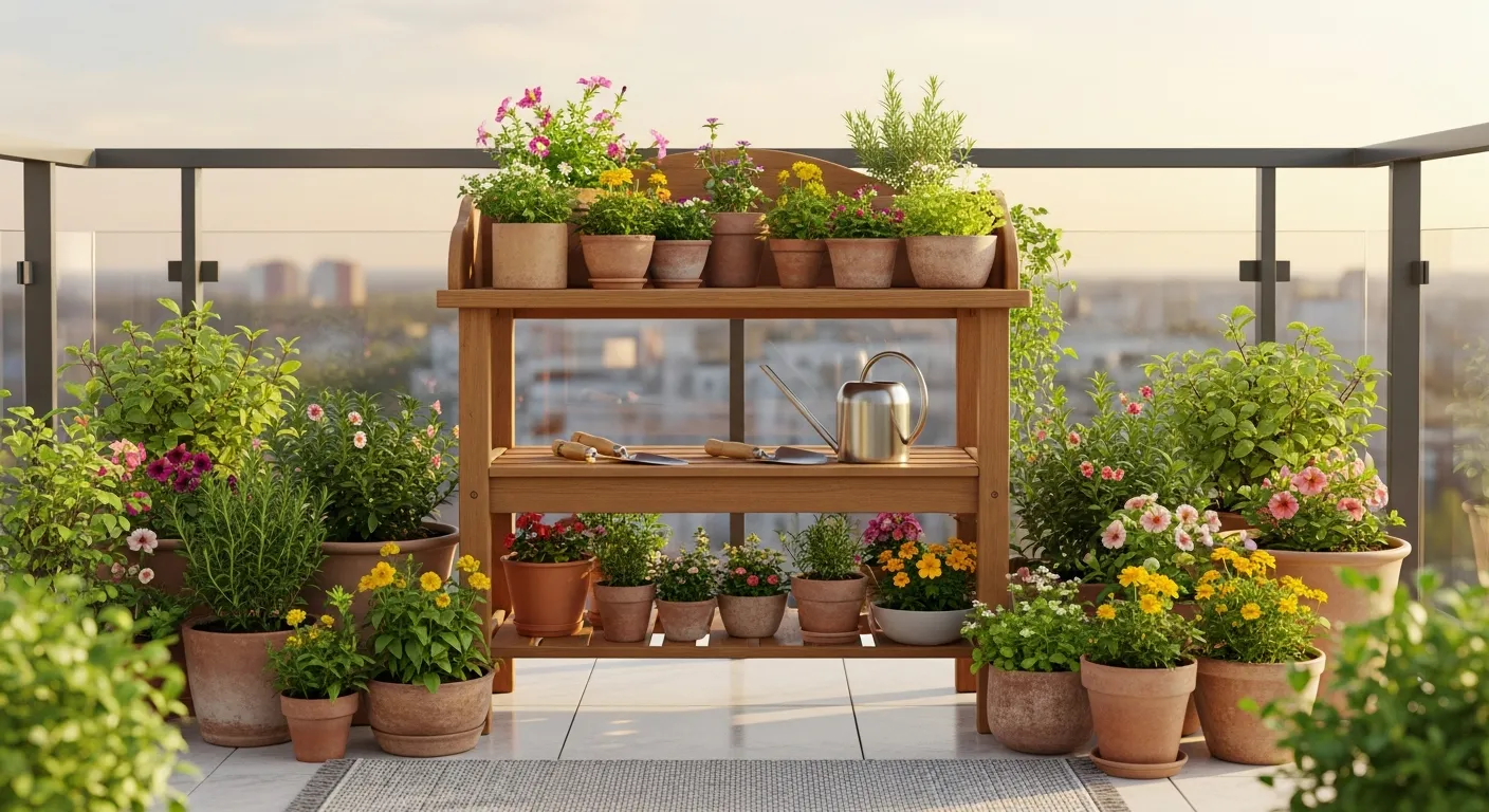 A Charming, Rustic Wooden Potting Bench, Centrally Positioned on a Small, Sun-drenched Apartment Terrace