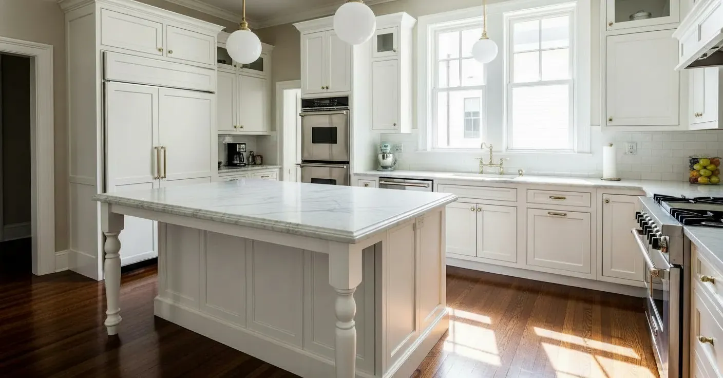 A Charming Vintage-inspired Kitchen With a Large, Elegant White Kitchen Island With a Pristine White Marble Countertop