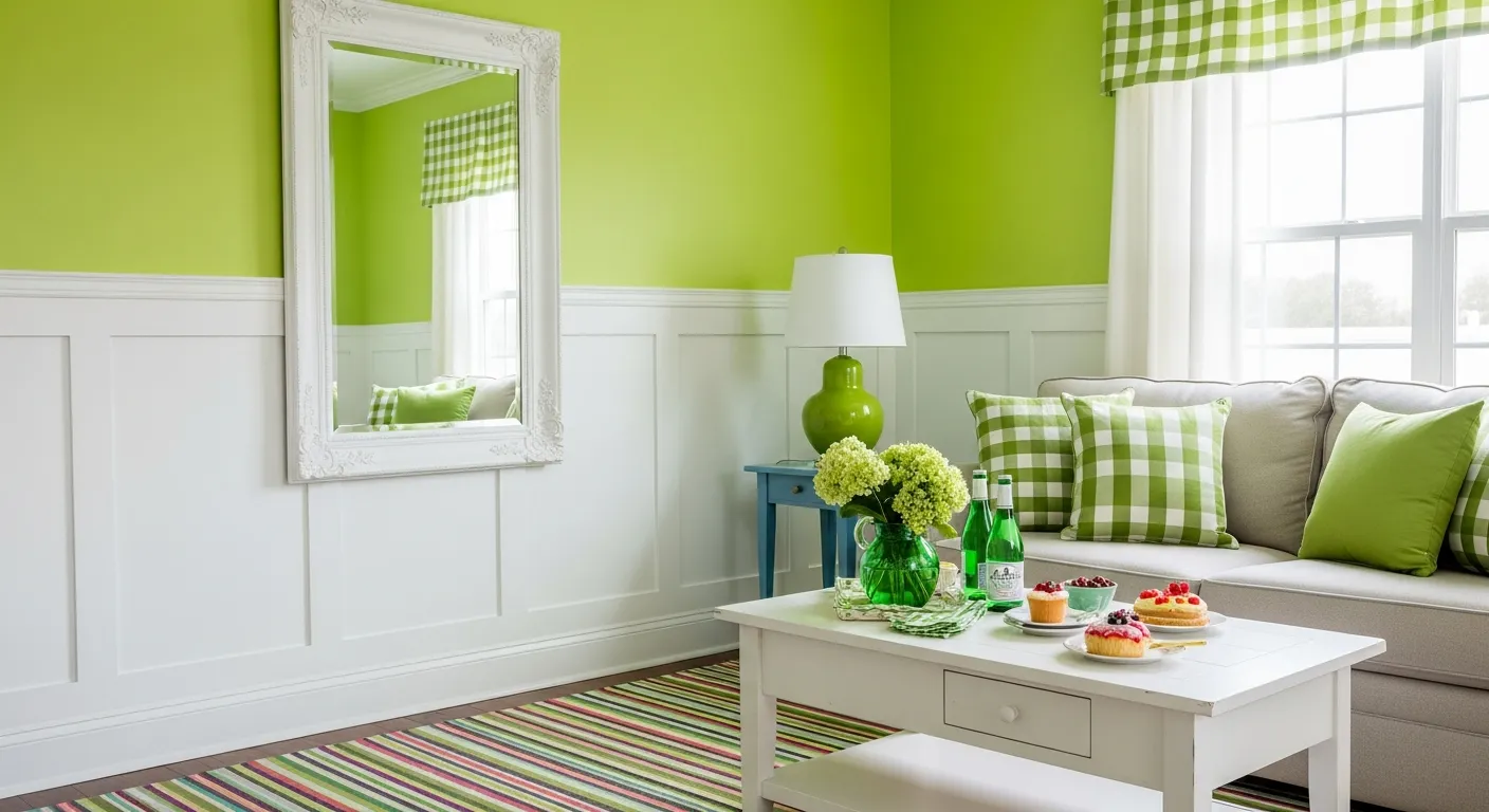 A Cheerful Living Room Corner With Bright Lime Green Walls Above Crisp White Wainscoting