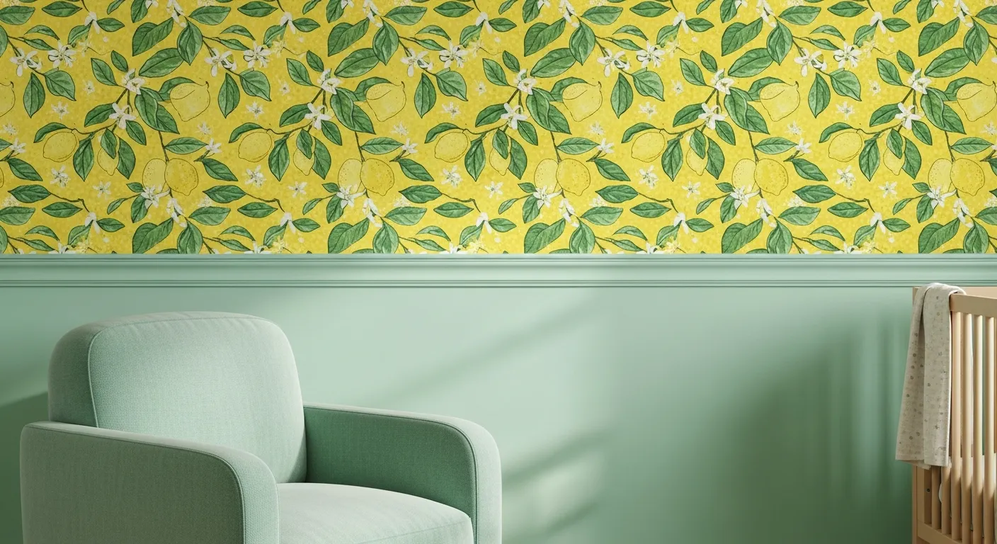 A Cheerful and Cozy Nursery Interior With the Upper Wall Featuring a Hand-drawn Lemon Motif, and a Smooth, Painted Wooden Mint-green Chair Rail