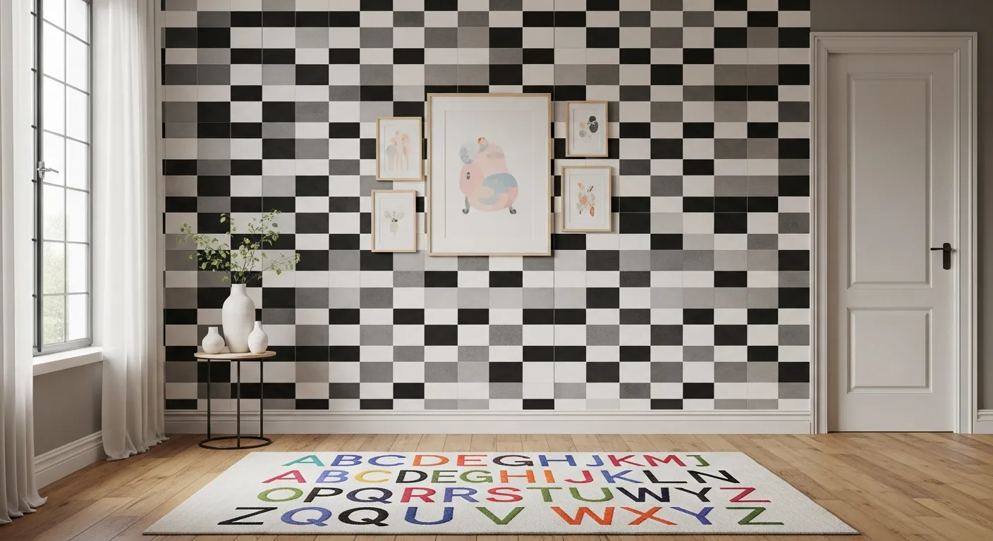 A Chic, Gender-neutral Room With a Striking Accent Wall, Meticulously Adorned With a Traditional Black and White Graphic Block Wallpaper