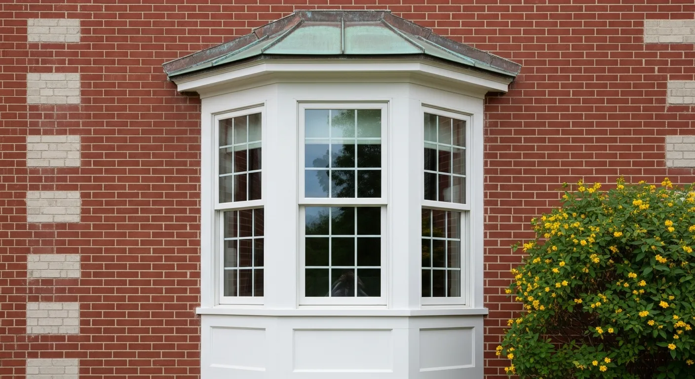 A Classic Architectural Bay Window, Positioned Perfectly Centered and Projecting Outwards From a Textured Red Brick Wall