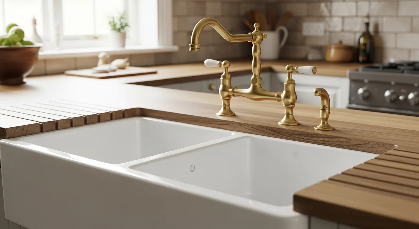 A Classic Country Kitchen Sink With a Deep, Two-section White Porcelain