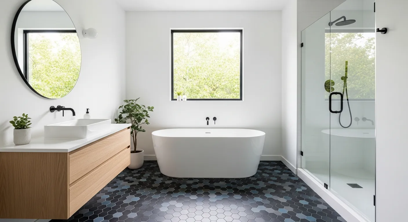 The Floor is Covered in Small Hexagonal Mosaic Tiles in Varying Shades of Matte Dark Blue, Charcoal Black, and Muted Grey