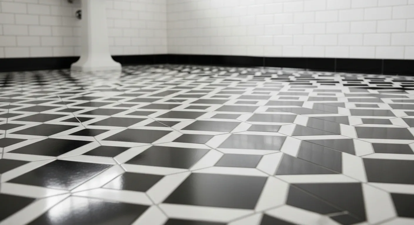A Classic Vintage Bathroom Floor, Adorned With Perfectly Laid Black-and-white Ceramic Tiles in an Intricate Geometric Pattern