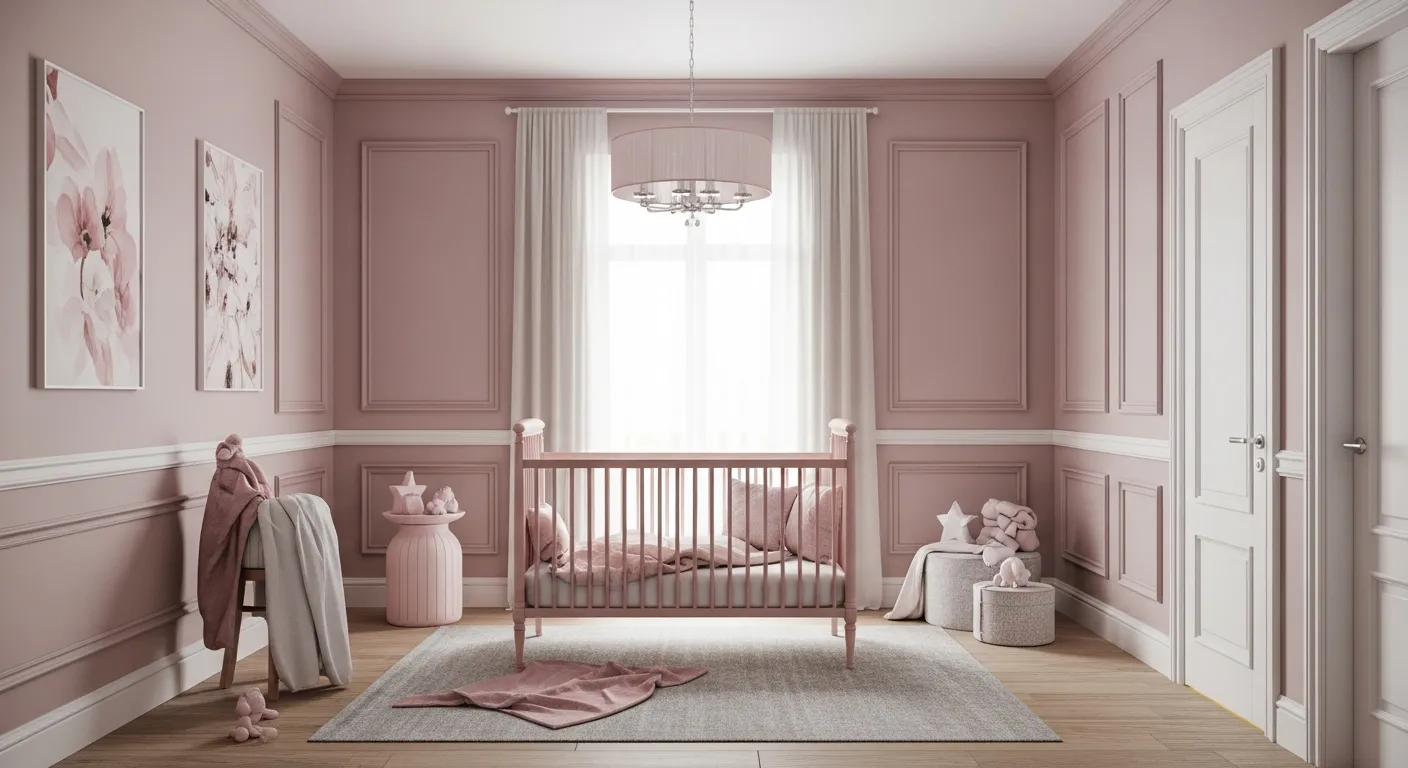 A Classic Vintage Nursery Room With Calming and Sophisticated Ambiance, Gracefully Infused With a Soft Mauve-inspired Color Palette