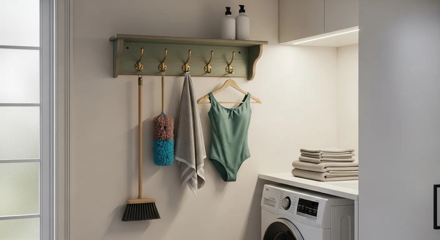 A Classic Wooden Wall-mounted Rack With Multiple Brass Hooks Meticulously Installed in a Small, Impeccably Organized Laundry Room