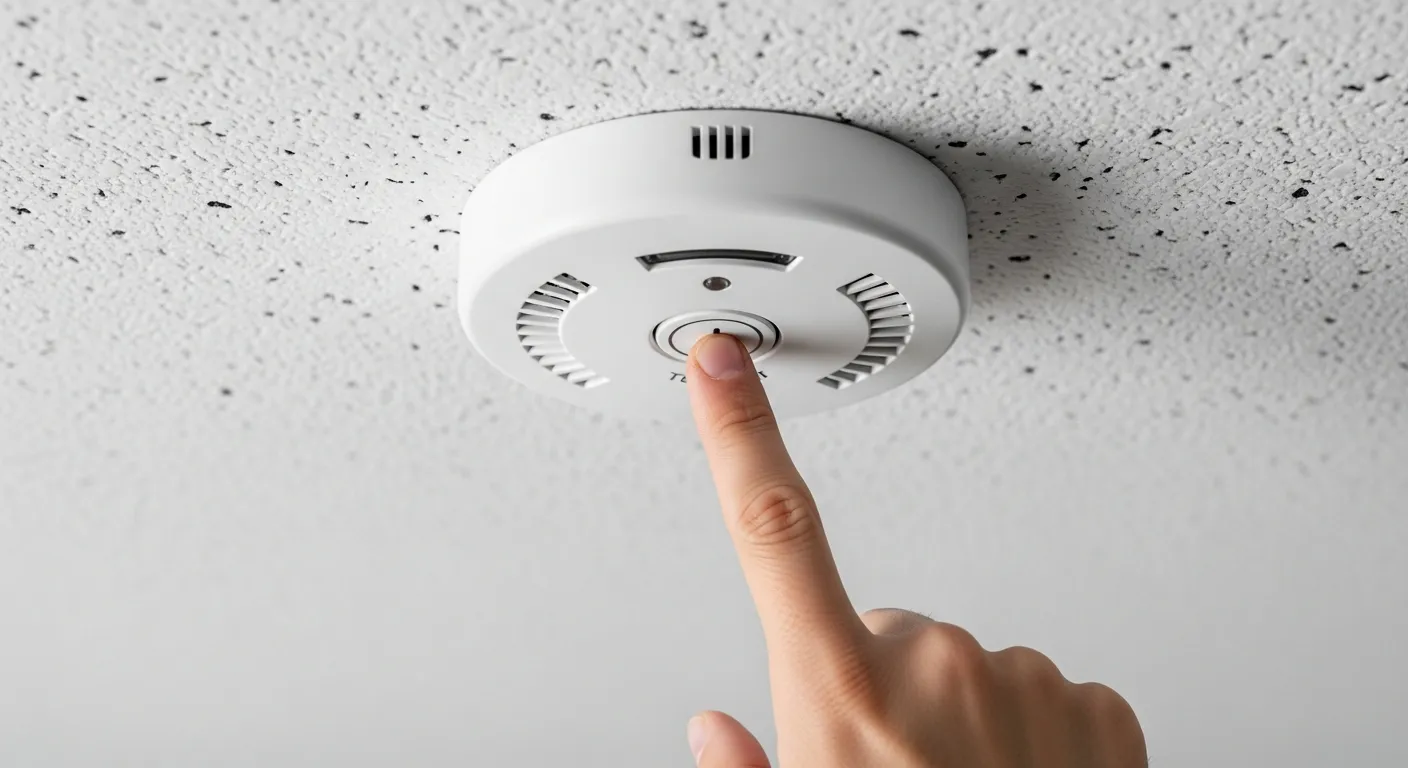 A Clean, Circular White Plastic Smoke Detector Mounted Firmly on a Light-colored, Speckled Acoustic Popcorn Ceiling