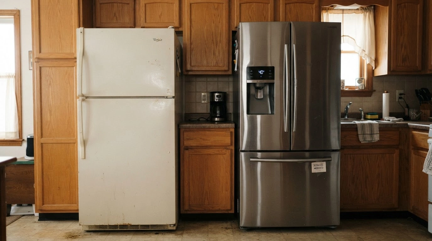 A Clean, Slightly Dated Home Kitchen With Warm Wooden Cabinets and a Neutral Tiled Backsplash, Two Refrigerators Stand in Stark Juxtaposition
