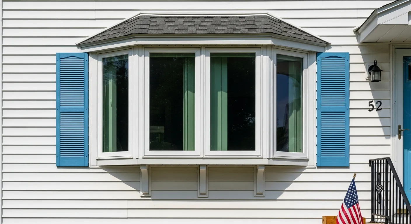 A Clean, Well-maintained Residential House With a Prominent, White, Five-panel Bay Window Projecting From the House Wall