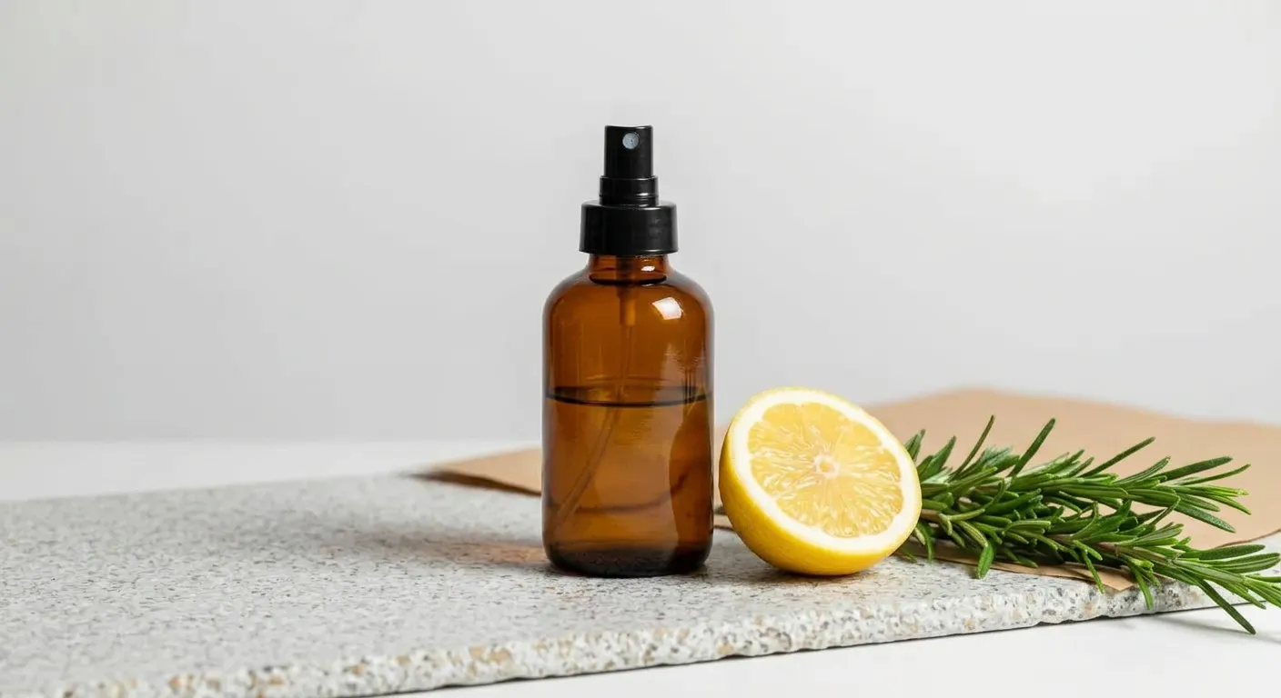 A Clean White Surface With an Amber Glass Spray Bottle, a Fresh Lemon Wedge, and Green Rosemary Sprigs Arranged on Kraft Paper