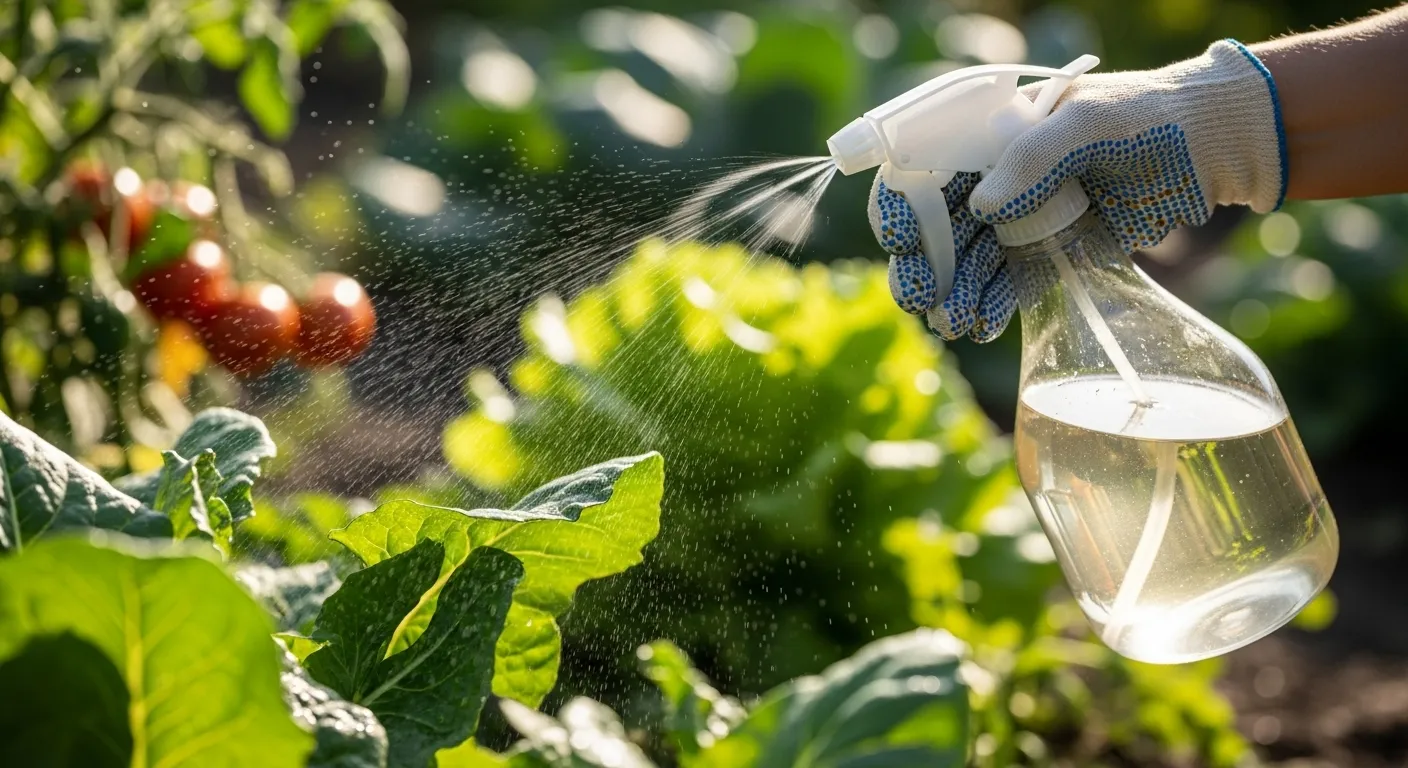 A Clear Spray Bottle Filled With Vinegar Spraying Towards Lush Green Plants in a Garden A Clear Spray Bottle Filled With Vinegar Spraying Towards Lush Green Plants in a Garden