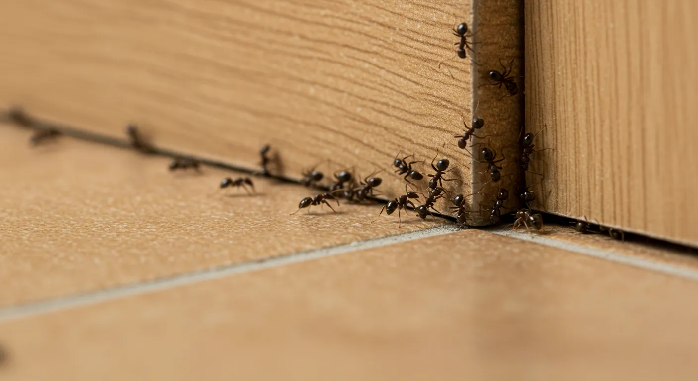 A Cluster of Tiny Black Ants Swarming Near the Corner A Cluster of Tiny Black Ants Swarming Near the Corner