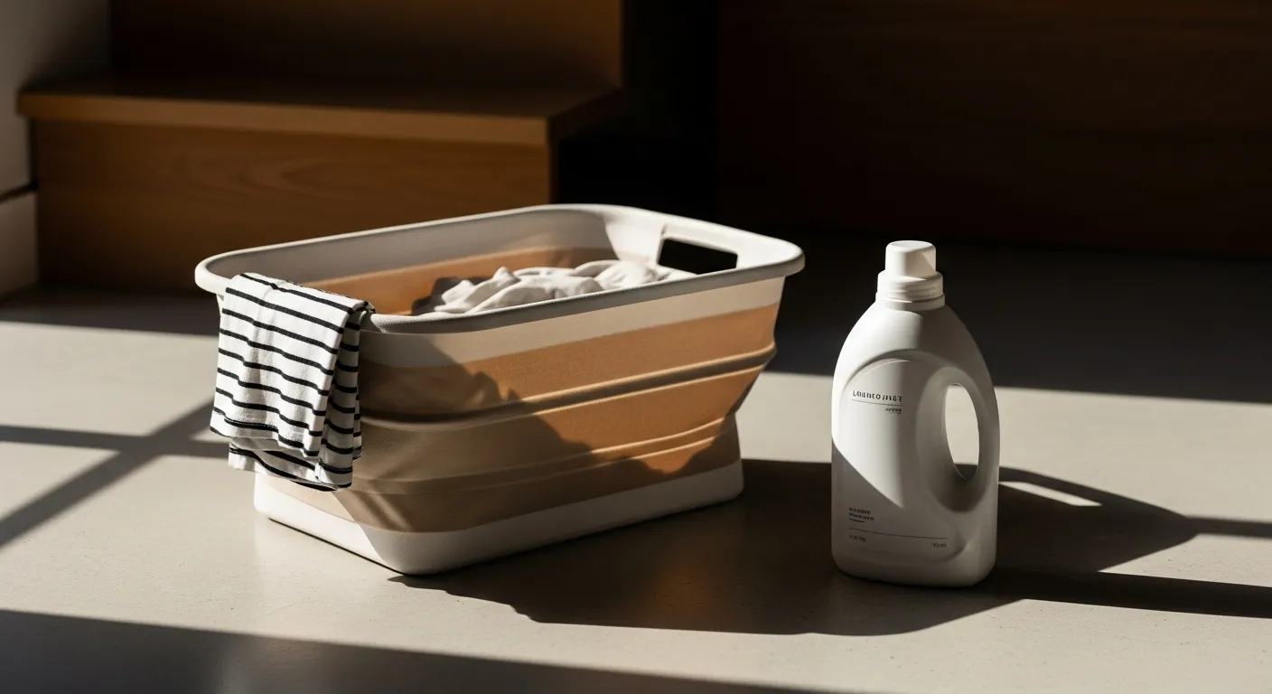 A Collapsible Beige Fabric Laundry Basket Positioned on a Clean, Concrete Floor With a Sleek, Ergonomic White Plastic Bottle of Liquid Laundry Detergent 