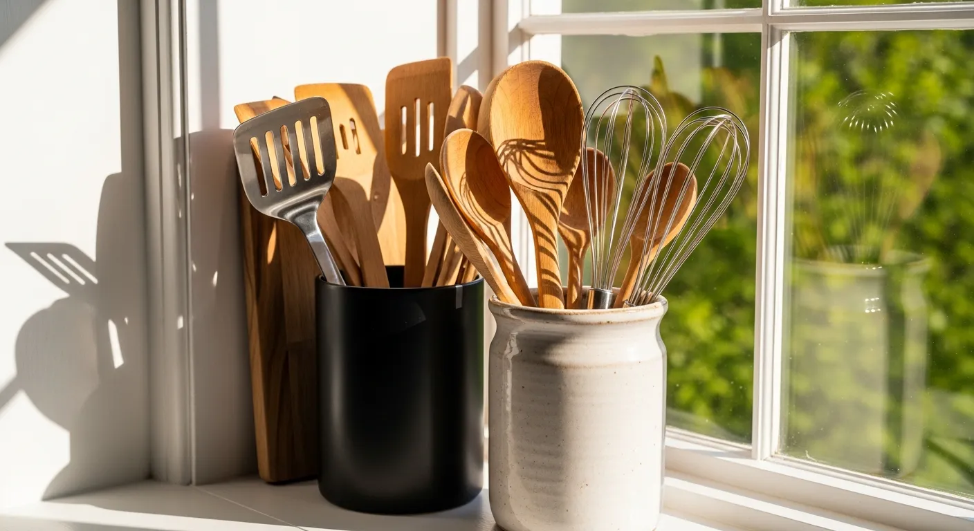 A Collection of Kitchen Utensils Arranged Neatly in Two Distinct Holders on a Pristine White Windowsill