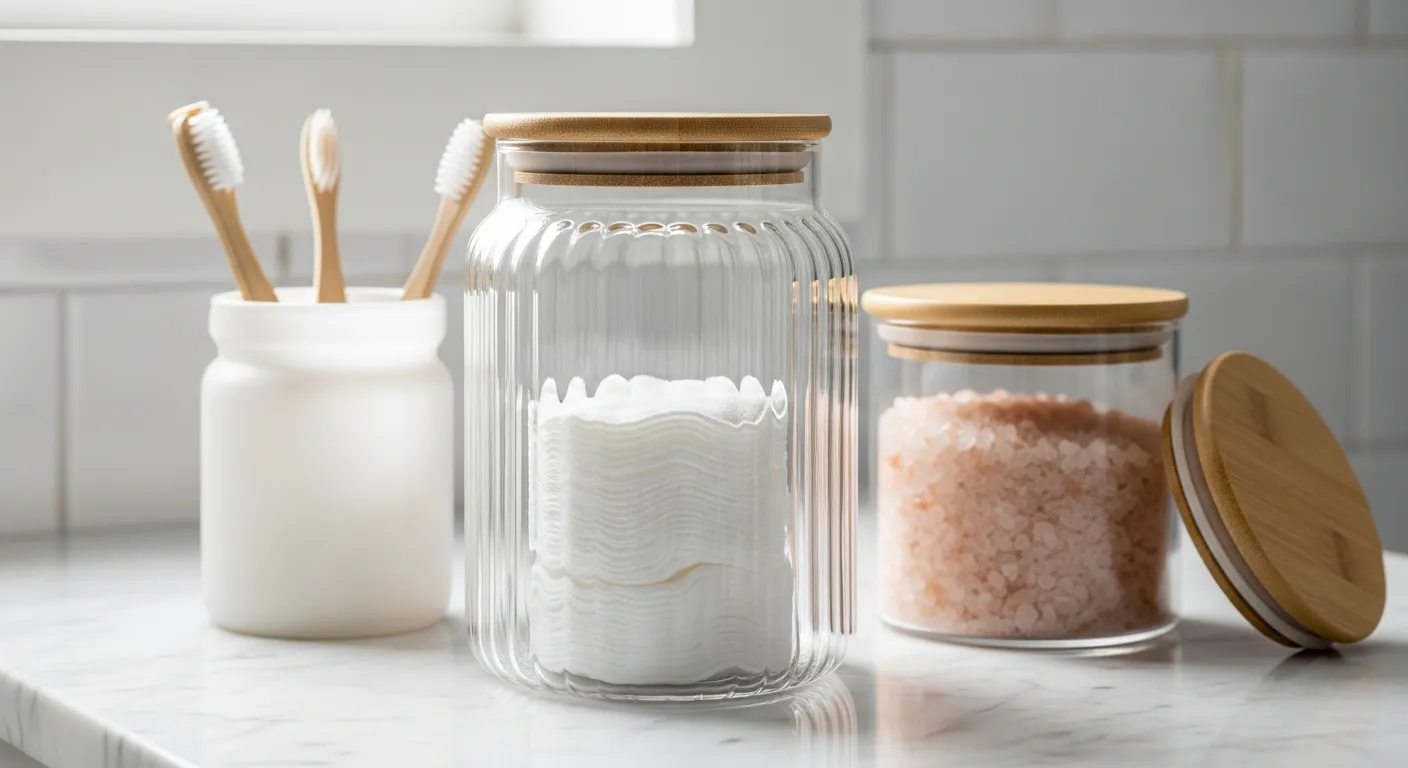 A Collection of Three Elegant, Practical Storage Jars Arranged on a Pristine White Marble Bathroom Countertop