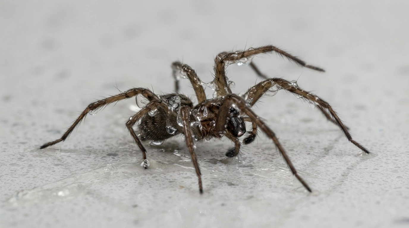 A Common House Spider, Actively Struggling on a Pristine, Light-Grey Polished Countertop