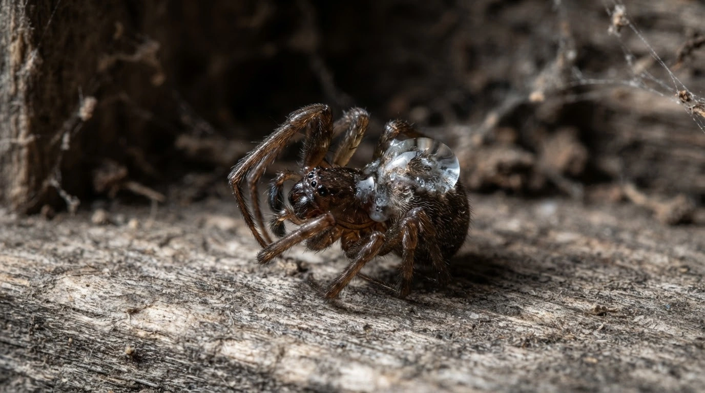 A Common House Spider, Legs Contorted in Distress, Recoiling From a Glistening, Corrosive Droplet of Bleach Solution