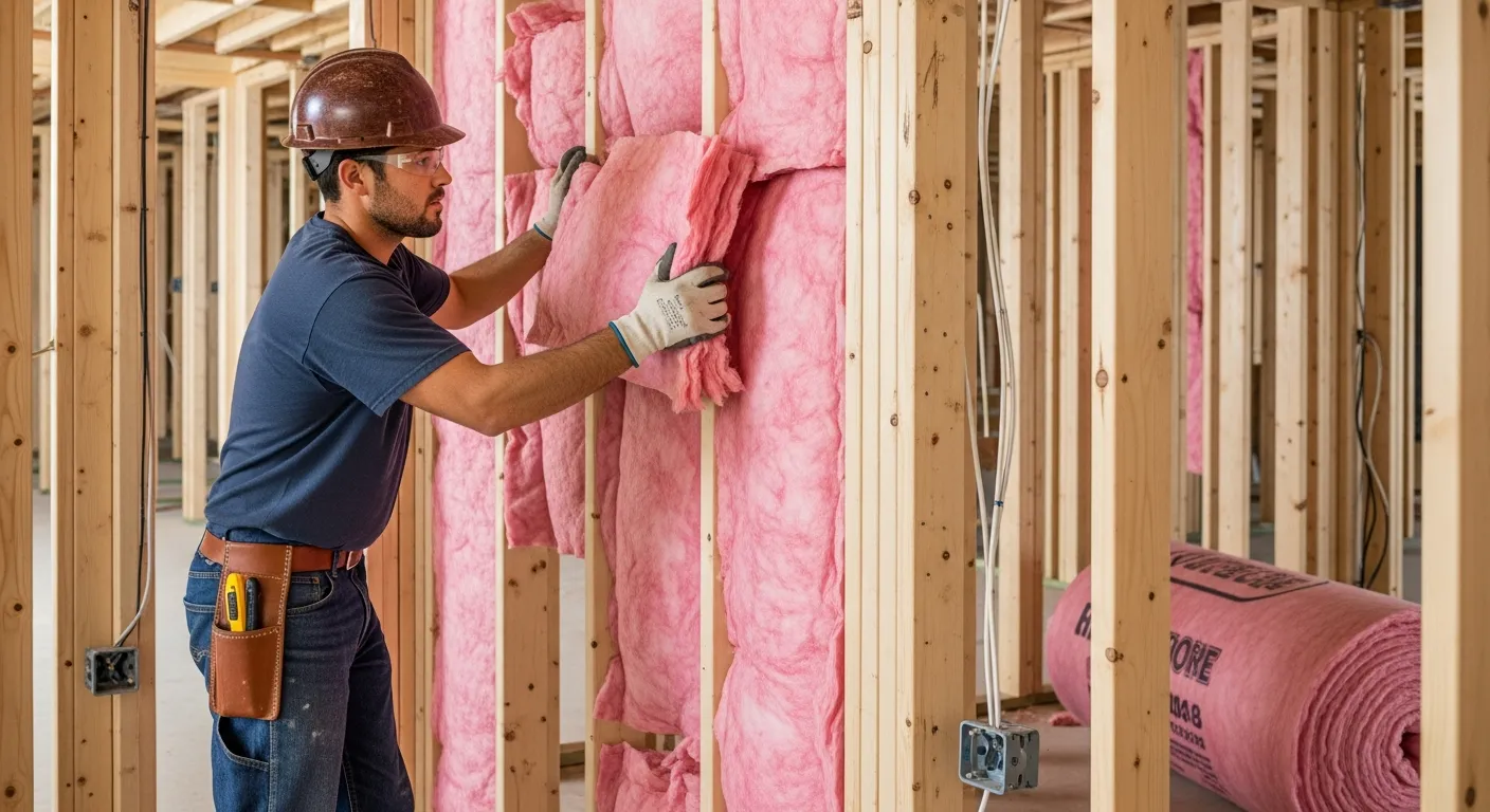 A Construction Worker Installing Pink Fiberglass Insulation Into Wooden Wall Studs Inside a Building Under Construction