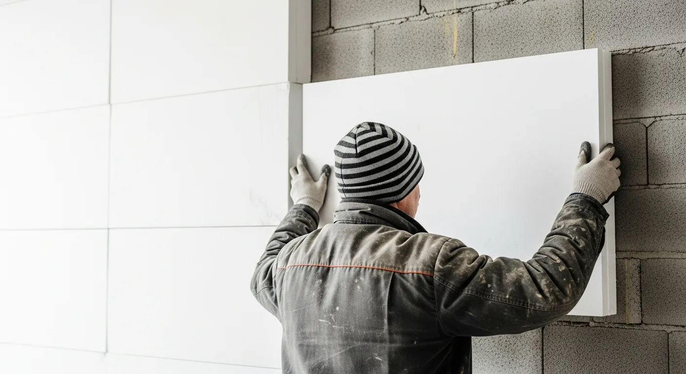 A Construction Worker Precisely Fitting a Large White Rigid Foam Insulation Panel Onto a Grey Unfinished Brick Wall