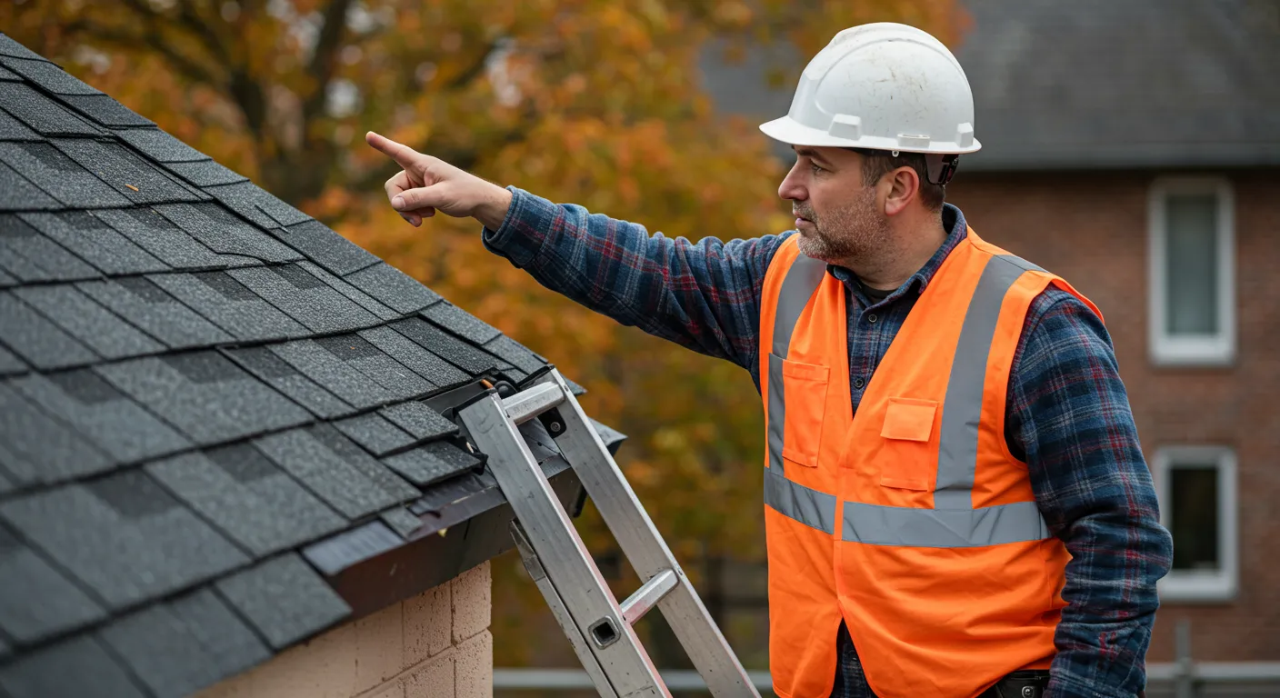 A Construction Worker is Pointing With His Finger at a Roof's Edge Inspecting its Dark Grey Shingles A Construction Worker is Pointing With His Finger at a Roof's Edge Inspecting its Dark Grey Shingles