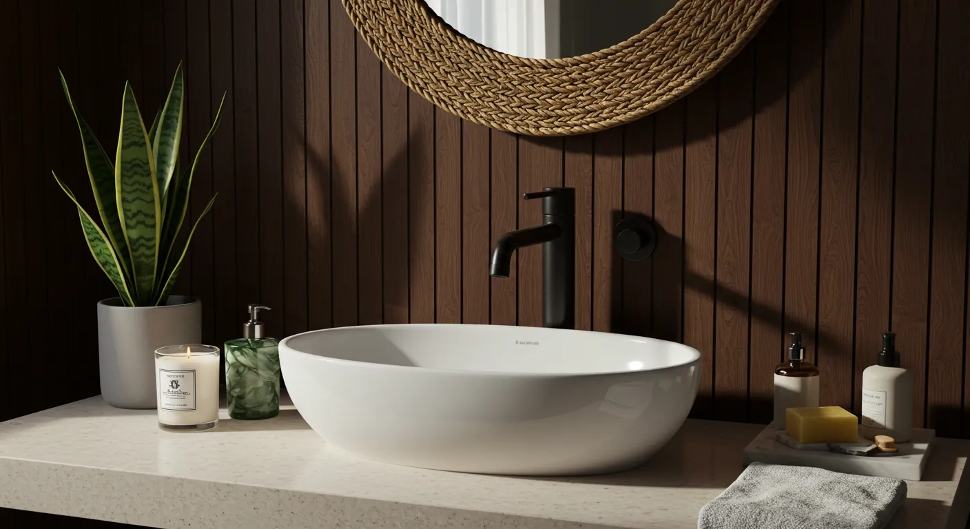 A Contemporary Bathroom Vanity Setup With Background Features a Striking Dark Walnut-brown Vertically Slatted Wooden Wall Paneling