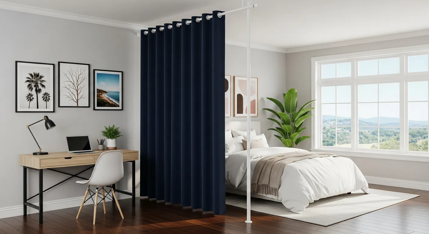 A Contemporary Room Expertly Divided by a Deep Navy Blue, Opaque Grommet-top Curtain Stand