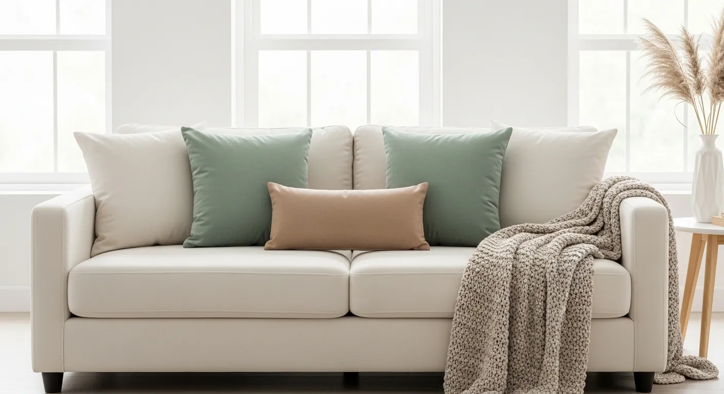 A Contemporary Two-seater Cream-colored Sofa, Adorning the Sofa Are Five Meticulously Arranged Throw Pillows
