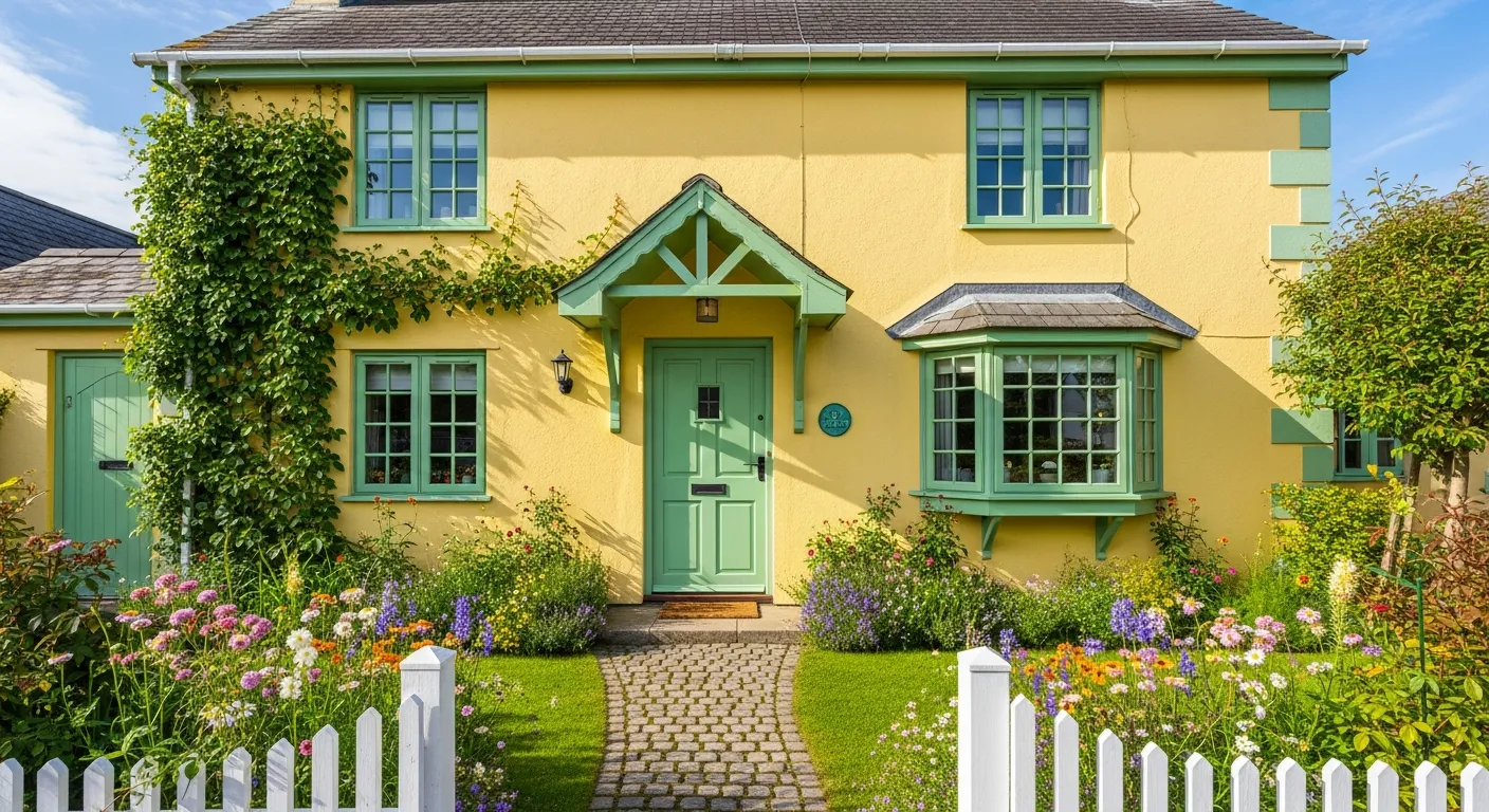 A Cottage-style Home Painted in a Vibrant, Sunny Yellow, With Window Frames, Door Trim, and a Welcoming Front Door Painted in a Lush, Spring Green