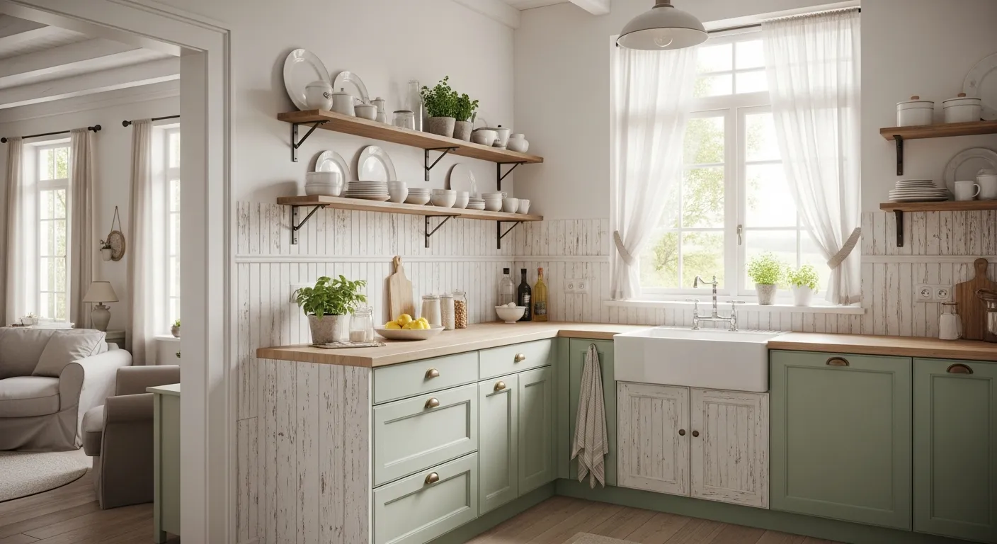 A Country Kitchen Interior With Lower Half of the Walls Adorned With Peel-and-stick Beadboard Paneling