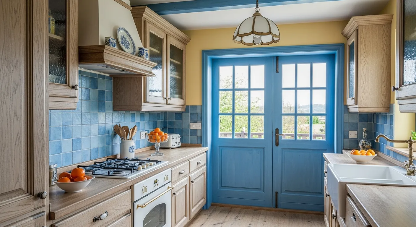 A Country Kitchen Interior With Walls, Doors, and Window Frames Painted in Blue and Soft Yellow