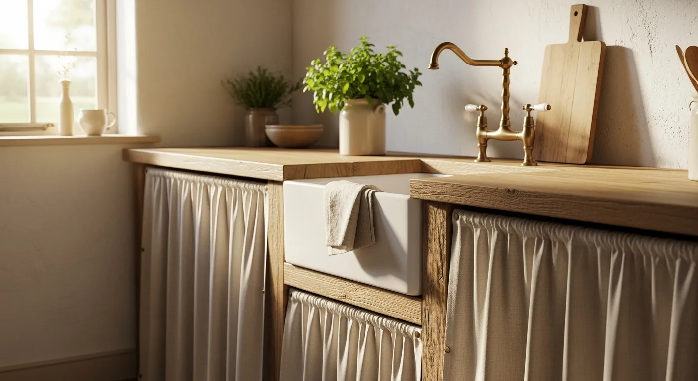 A Country Kitchen Interior With a Rustic Wooden Counter, and Traditional Lower Cabinet Doors Replaced by Pleated, Linen Fabric Skirts