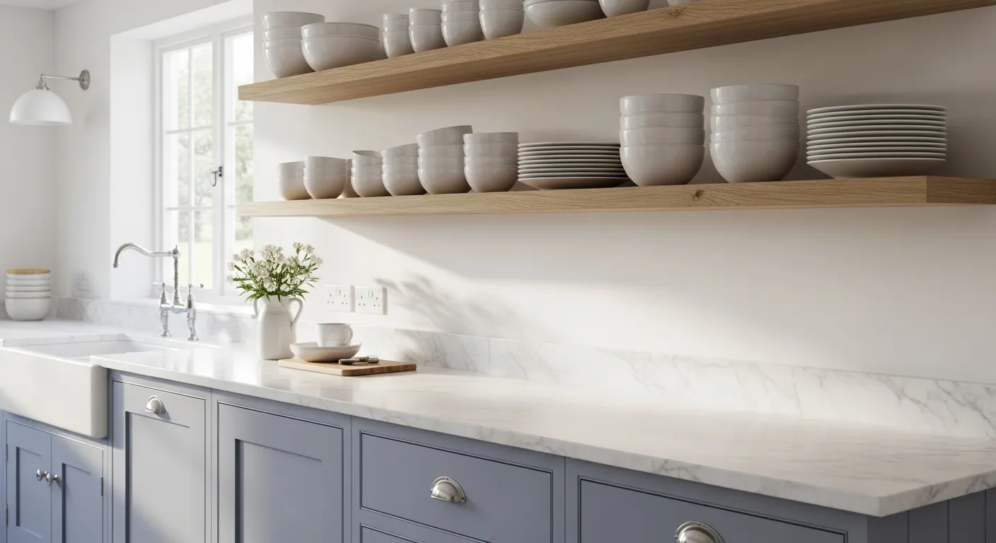 A Country Kitchen With a Wall of Soft, Muted Periwinkle Blue Shaker-style Cabinetry, Perfectly Contrasted With Pristine White Marble Countertops