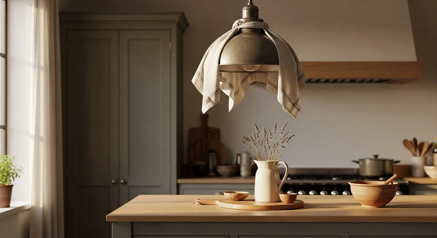 A Countryside Kitchen With a Vintage Metal Lighting Pendant, Covered by a Tea Towel, Hangs Centrally Above a Sage Green Wooden Island