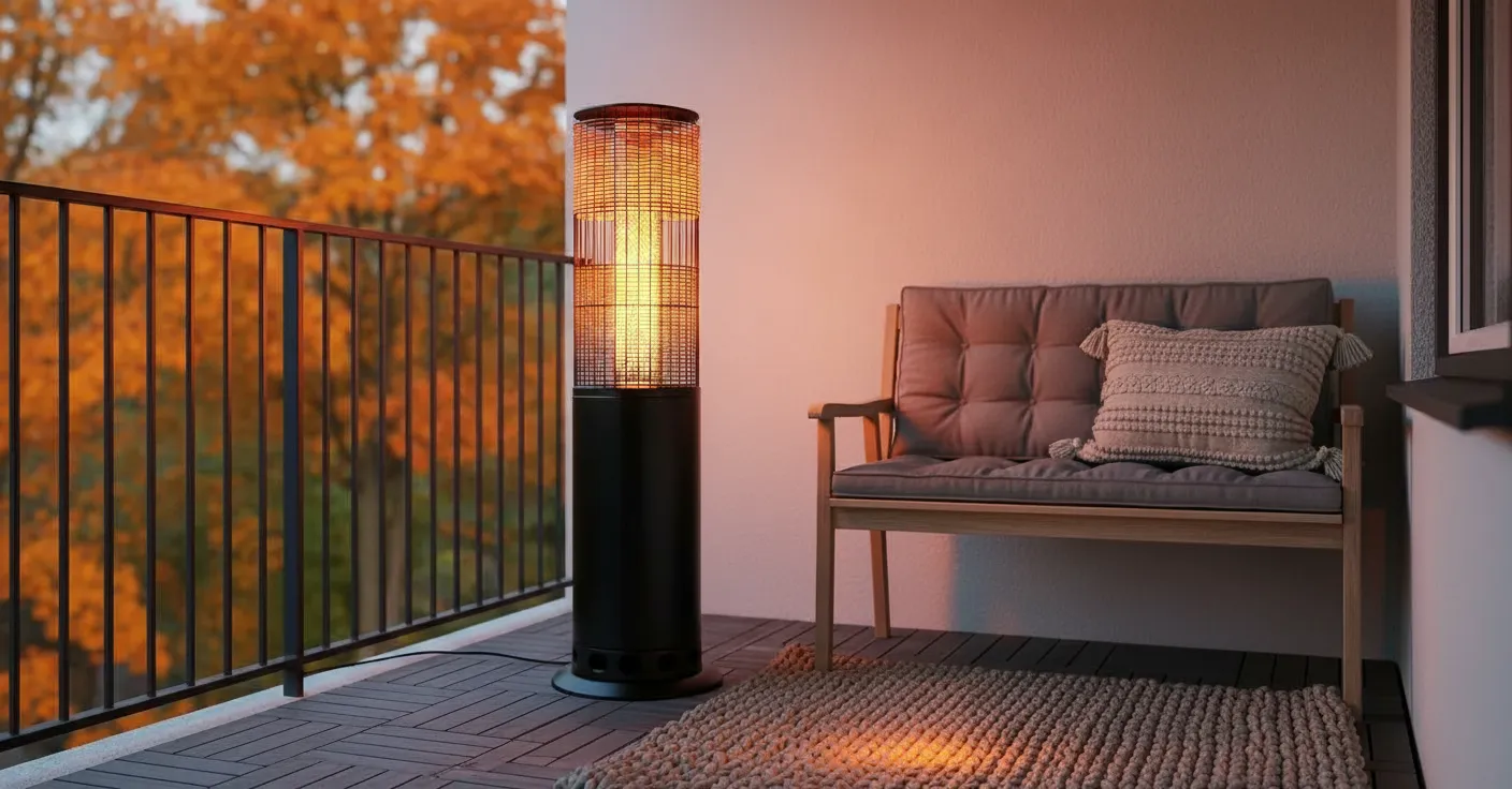 A Cozy Autumn Balcony Scene at Dusk With a Tall, Black Floor-standing Patio Heater With an Illuminated Woven Shade Emits a Warm Orange Glow