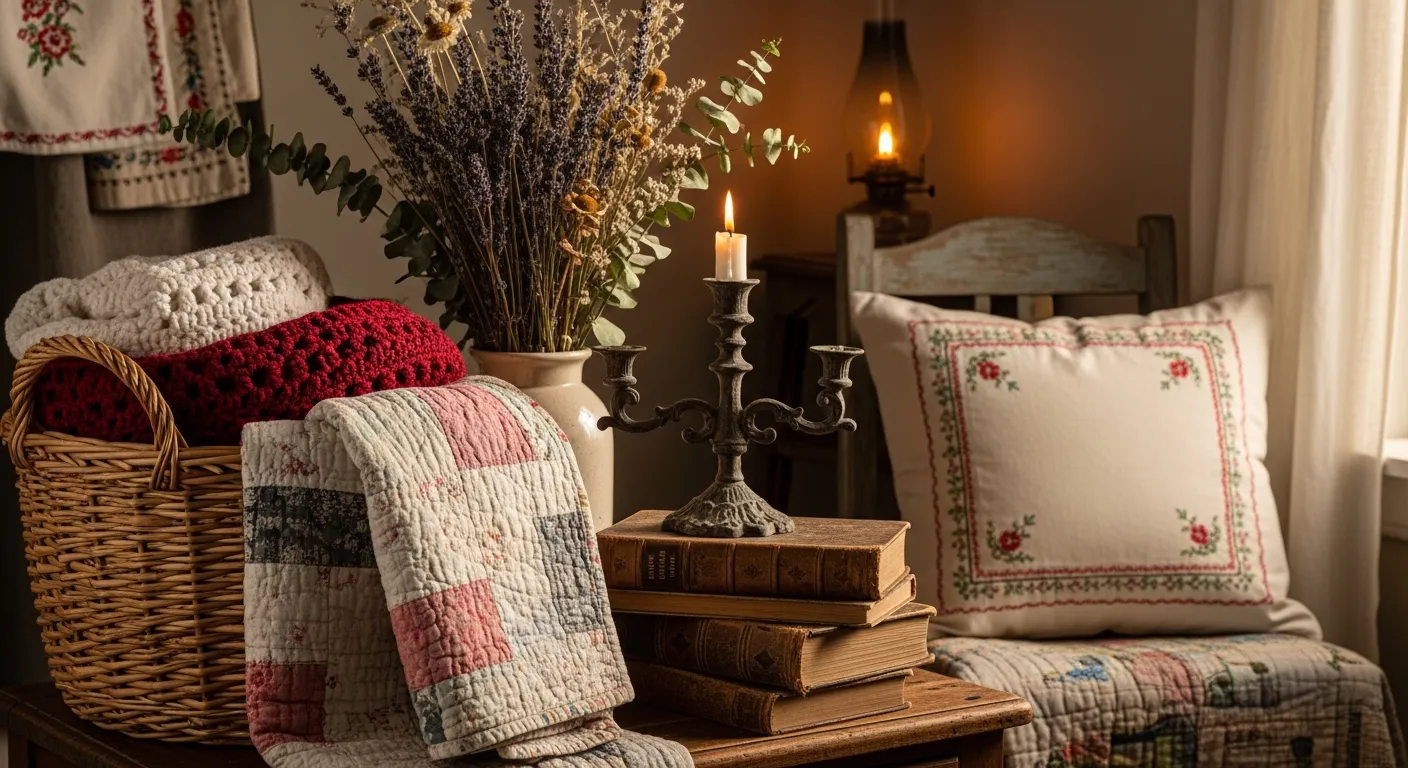 A Cozy Cottagecore Interior Scene With a Handcrafted, Natural Wicker Basket Beside It, a Stack of Worn, Vintage Books Are Placed