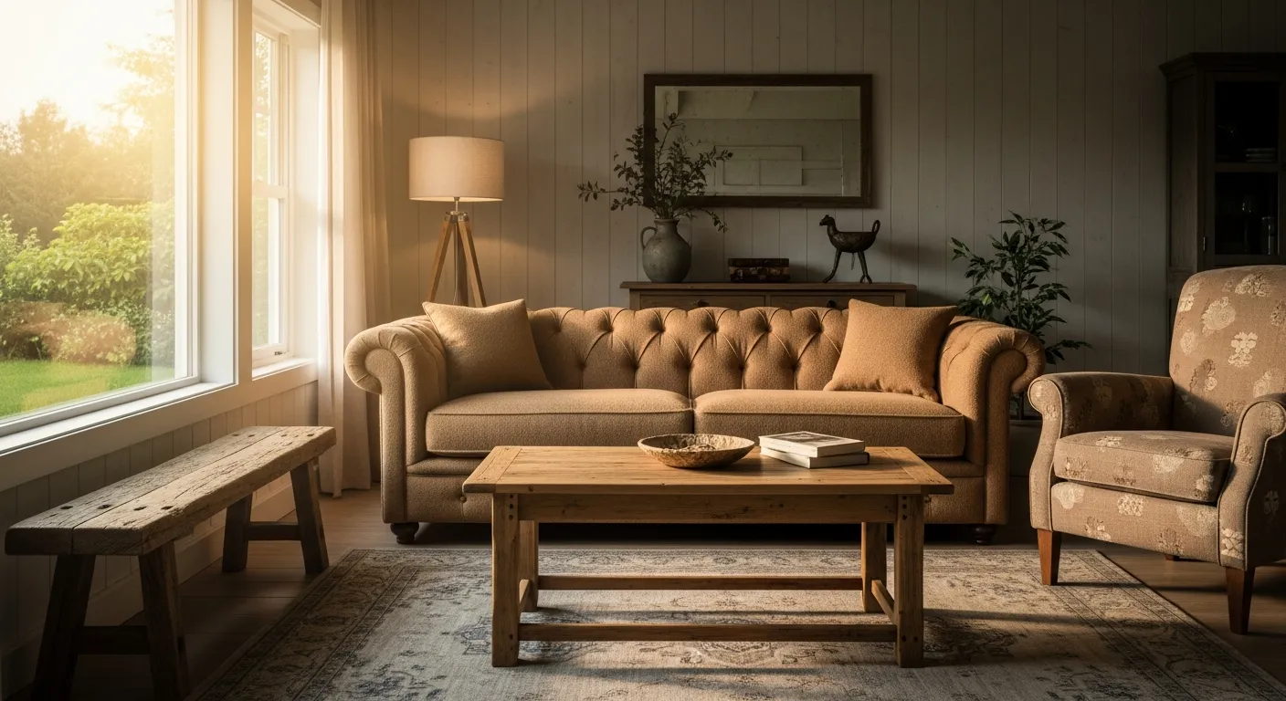 A Cozy, Cottagecore Living Room, With a Chesterfield-inspired Sofa, Upholstered in Warm-toned Rustic Boucle Fabric, Sits Centrally