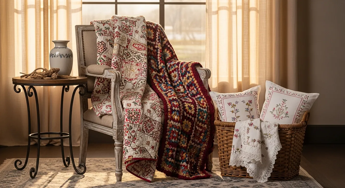A Cozy Interior With an Antique Wooden Armchair, Draped With Intricately Patterned, Hand-stitched Quilts and a Richly Textured Crocheted Blanket