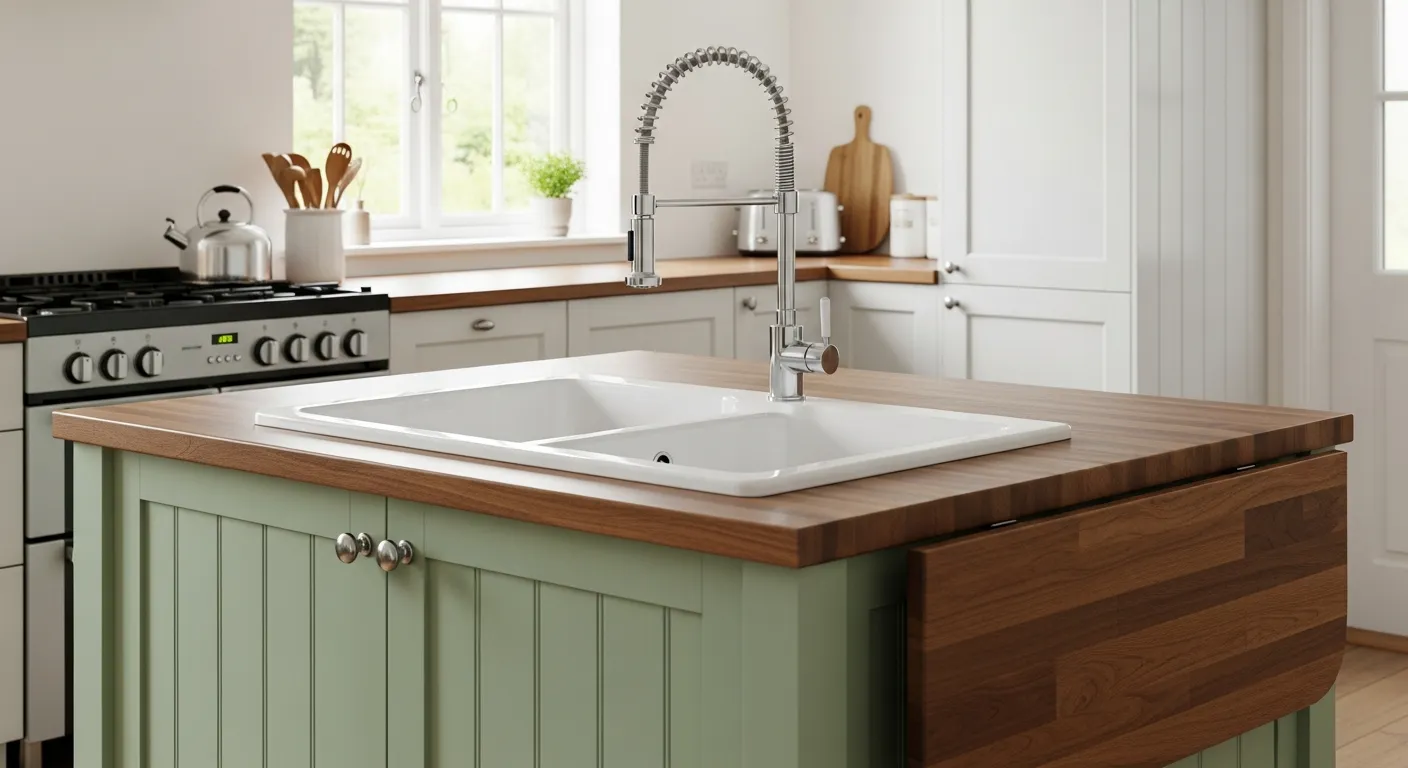 A Cozy Kitchen Interior With a Light Green Kitchen Island With Vertical Paneling, With a Warm Wood Countertop, and a Dark Wood Drop-leaf Extension