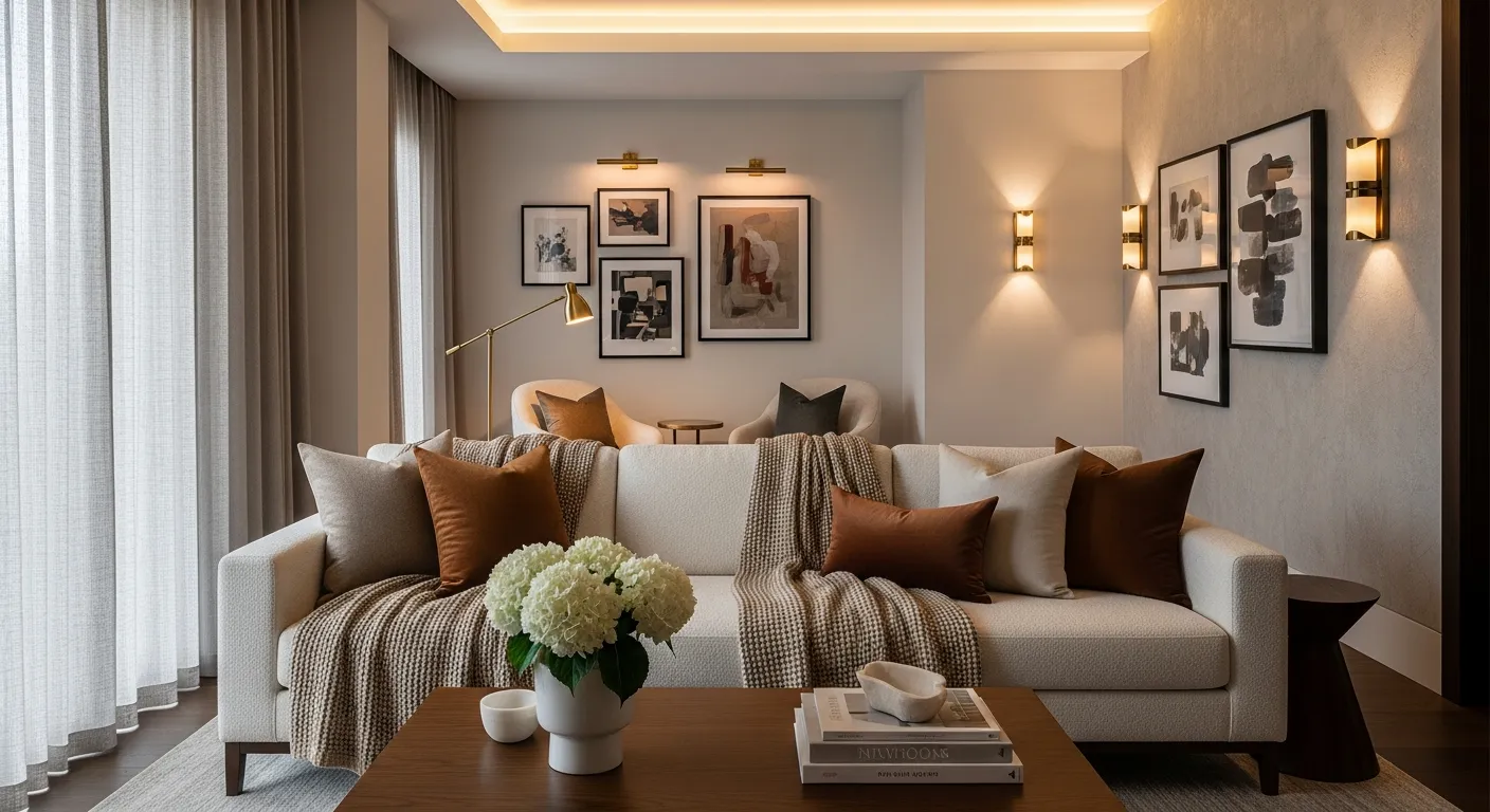 A Cozy Living Room Interior With a Plush, Cream-colored Sofa in the Foreground is Adorned With Multiple Soft, Textured Blankets