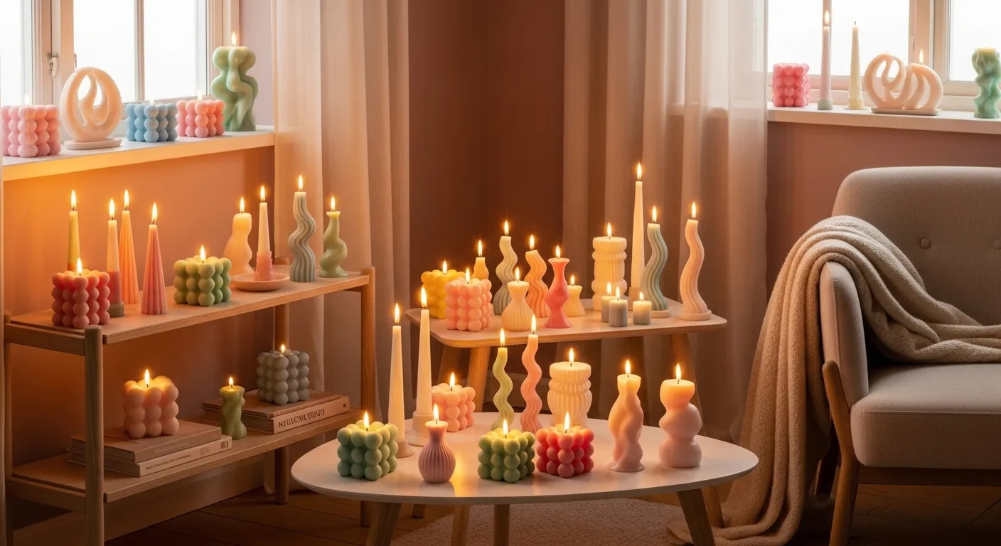 A Cozy Room Interior, Embodying Danish Pastel Decor With Numerous of Candles Artfully Arranged