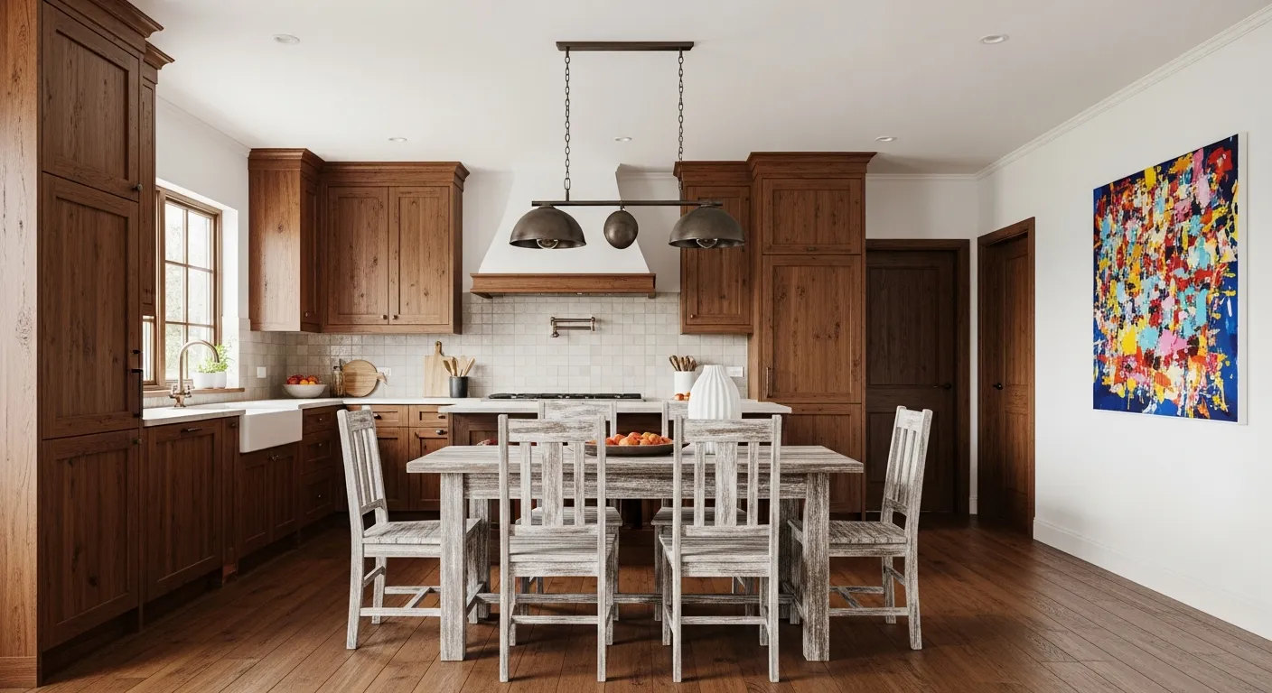 A Cozy, Rustic Kitchen Interior With Richly Stained Wooden Cabinetry and Lines the Walls