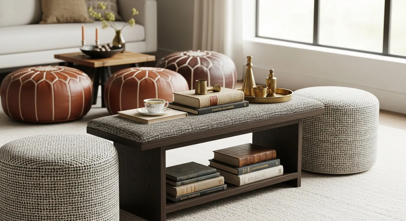 A Cozy Small-space Living Room Dominating the Foreground is a Sleek, Narrow Dark Wood Bench, Artfully Functioning as a Coffee Table and Ottoman