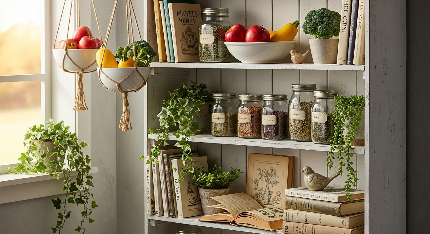 A Cozy, Small Cottagecore Kitchen Corner With a Rustic, Distressed White Wooden Bookcase Stands Against a Textured, Light-toned Wall