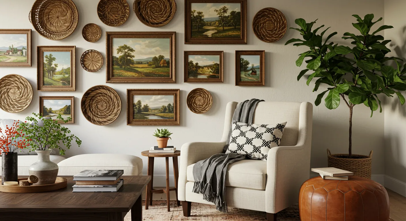 A Cozy and Eclectic Living Room With Vintage Landscape Paintings in Various Ornate Frames A Cozy and Eclectic Living Room With Vintage Landscape Paintings in Various Ornate Frames