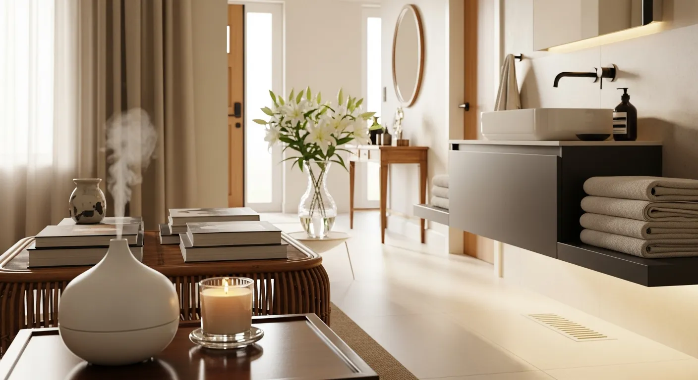 A Cozy and Inviting Interior in the Foreground, With a Sleek Ceramic Diffuser Sits on a Polished Dark Wood Side Table