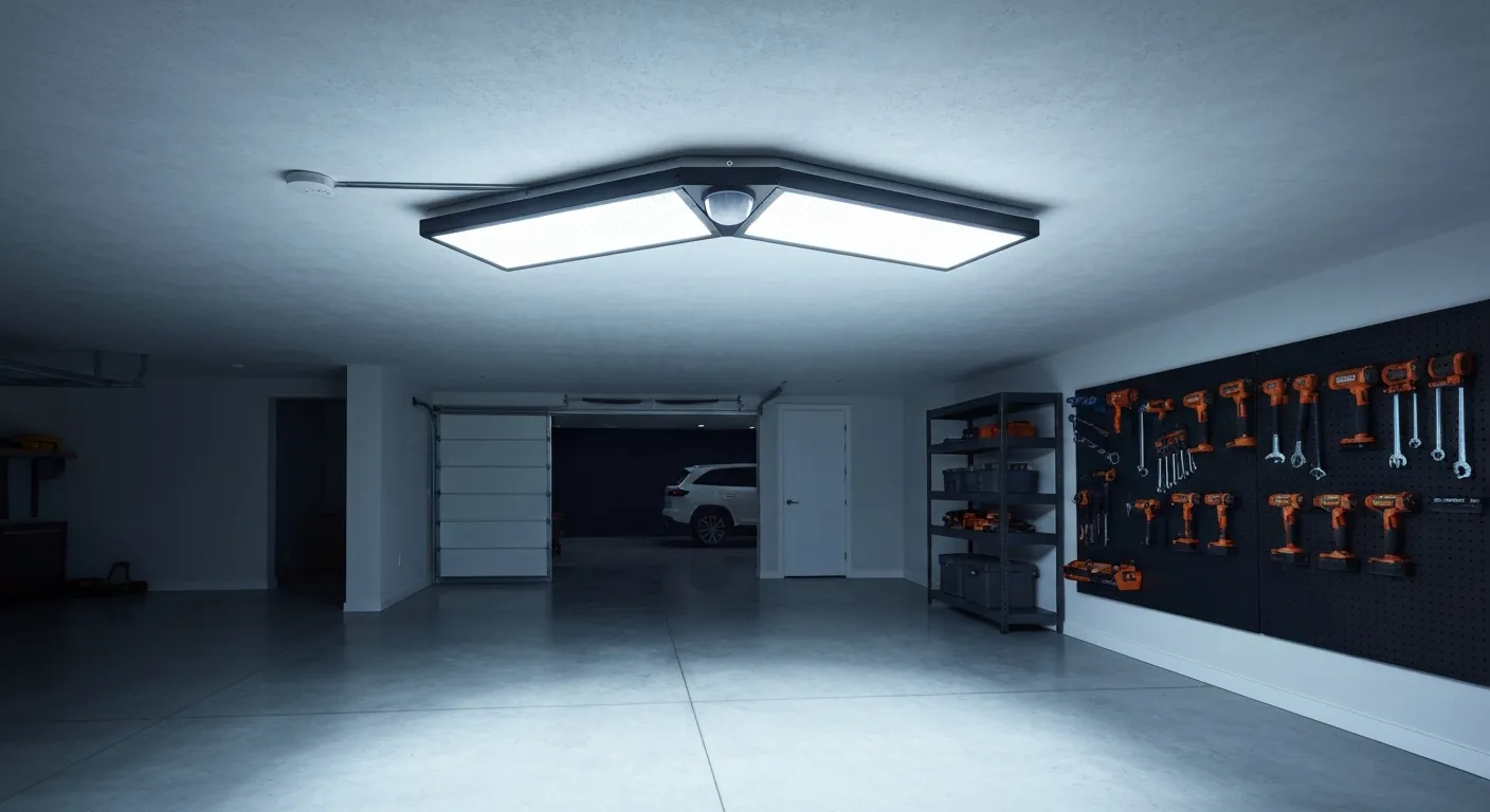 A Craftersmark 20000LM Motion Sensor Garage Light is Centrally Mounted on a Clean, Light-grey Ceiling of a Modern, Organized Residential Garage