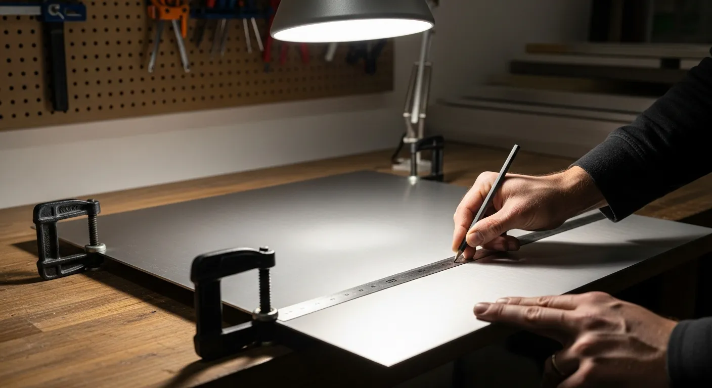 A Craftsman's Hands Meticulously Securing a Large, Rectangular Brushed Aluminum Sheet and Marking the Cutting Lines